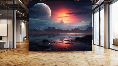 Landscape of an alien planet, view of another planet surface, science fiction background. Wall mural