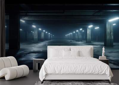 Midnight basement parking area or underpass alley. Wet, hazy asphalt with lights on sidewalls. crime, midnight activity concept. Wall mural