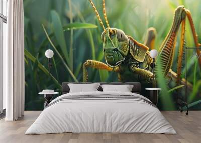 Playful grasshopper camouflaged in grass blades, 4K hyperrealistic photo Wall mural