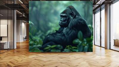 Powerful gorilla sitting in a lush forest, 4K hyperrealistic photo Wall mural