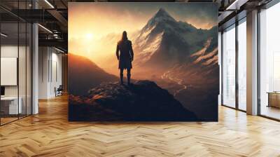 proud Man standing on a high hill near a majestic mountainous delightful landscape, sunset, rays of the golden sun, conqueror of new lands, explorer, adventure, travel, wanderer, game, film. AI Wall mural