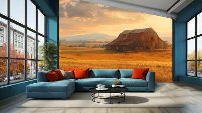 Rustic barn nestled in a field of golden wheat, 4K hyperrealistic photo Wall mural