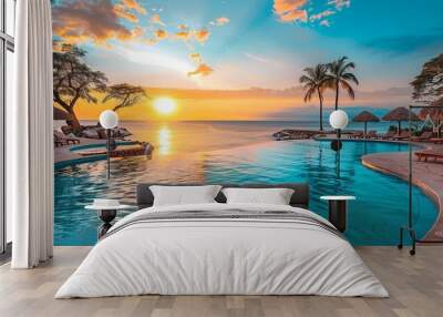 Sandals by luxury resort pool during summer at tropical beach travel destination at sunset illustration Wall mural