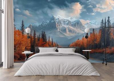 Scenic road trip with rocky mountain in autumn forest at Icefields Parkway illustration Wall mural