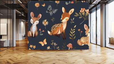 Seamless pattern with cute woodland animals and flowers. Cute fox, deer, rabbit, fawn, birds and butterfly on dark blue background. illustration Wall mural