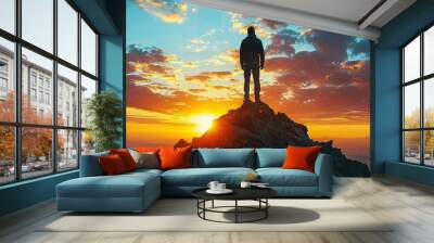 Silhouette of a man on top of a mountain peak Wall mural