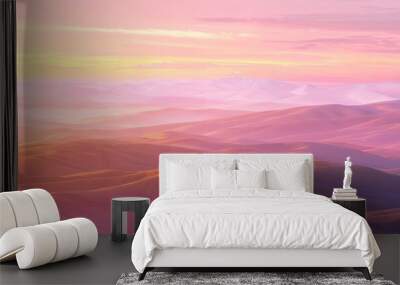 Soft pink and orange hues of dawn over rolling hills, 4K hyperrealistic photo Wall mural