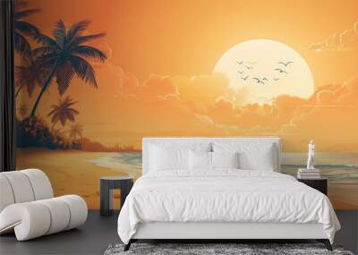 summer background with beach scene in orange tone colors illustration Wall mural