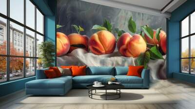 Sweet juicy peaches on cloth napkin, 4K hyperrealistic photo Wall mural