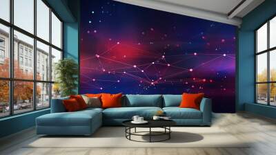 Texture of abstract future technology lines with dots connection mesh background banner illustration Connection digital data and big data concept. Digital datail dark blue red pink, Wall mural