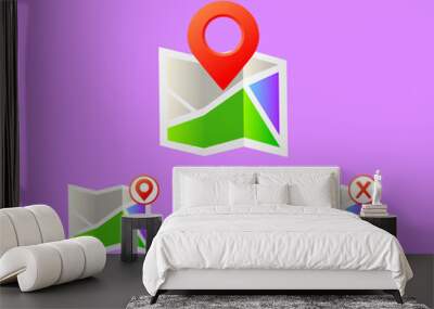 Travel map icon. Flat, color, location on the map icon, travel map icons, checkmark and cross. Vector icons Wall mural