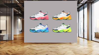 Trendy sneakers or realistic fashion sport running shoe for training and fitness. flat set in bright colors on an isolated gray background. EPS 10 vector. Wall mural