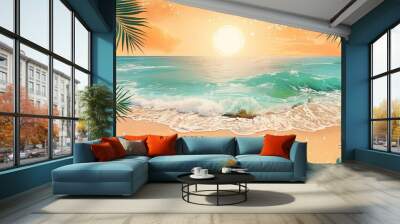 Tropical beach with sun light wave abstract background. Copy space of summer vacation and business travel concept art illustration Wall mural