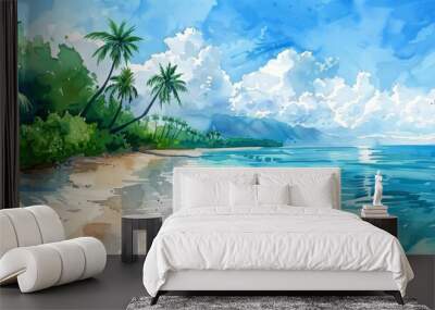 Tropical island . Watercolor sea and palms landscape, hand painted summer vacation scene, beach background illustration Wall mural