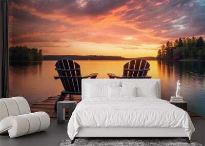 Two wooden chairs on a wood pier overlooking a lake at sunset Wall mural