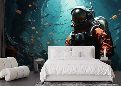 under water scene of the futuristic diver standing in a submerged town, digital art style, illustration paintin Wall mural