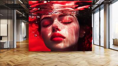 Underwater beauty portrait of a beautiful caucasian girl. Eyes closed. Red colored water.. Wall mural