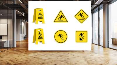 Wet floor and cleaning in progress. Slippery floor sign, vector illustration. Slip danger icon set. Wall mural