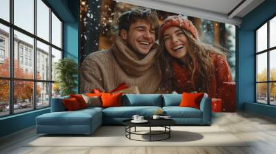 Young couple laughing together as they wrap gifts, with ribbons and wrapping paper scattered around them. 4K hyperrealistic photo. Wall mural