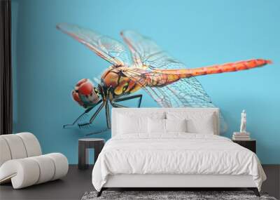 A 3D render of a dragonfly with translucent wings on a blue background. Wall mural