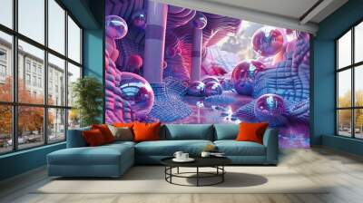 A 3D render of an abstract, colorful, geometric landscape with floating spheres. Wall mural