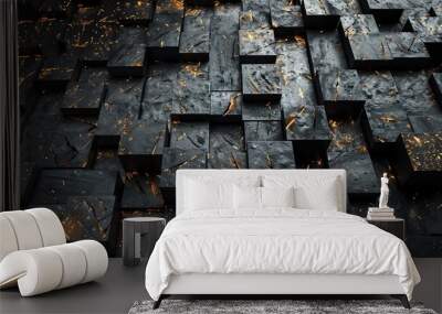 A 3D render of black cubes with glowing gold cracks. Wall mural