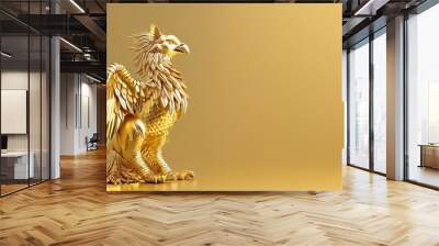 A 3D-rendered, golden griffin stands against a gold background, symbolizing power and strength. Wall mural