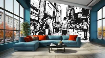 A black and white illustration of people walking on a busy city street. Wall mural