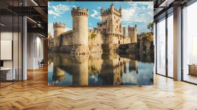 A castle with towers reflected in the water of a moat. Wall mural