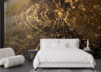 A close-up of a celestial map with constellations in gold, with a dark background and warm lighting. Wall mural