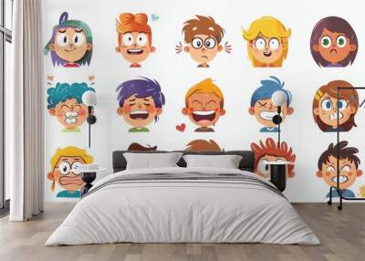 A collection of cartoon faces of children, boys and girls, expressing different emotions. Wall mural