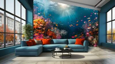 A colorful coral reef with tropical fish swimming through the water. Wall mural