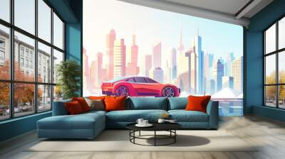 A colorful illustration of a city skyline with a car in front. Wall mural