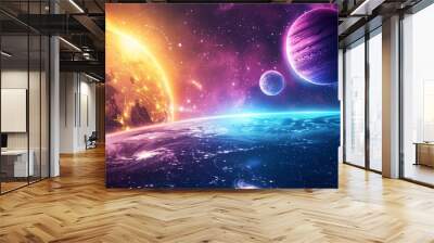 A colorful space scene with planets and stars. Wall mural