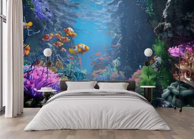 A colorful underwater scene with vibrant coral reefs, bright fish, and sunbeams. Wall mural