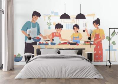 A family is cooking together in the kitchen. Wall mural