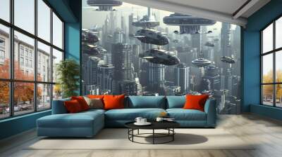 A futuristic city with flying cars and tall skyscrapers. Wall mural