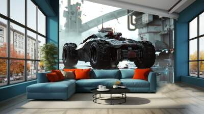 A futuristic vehicle with large wheels and a sleek, black design is parked in a futuristic city. Wall mural