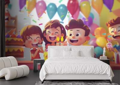 A group of cartoon children celebrate a birthday. Wall mural