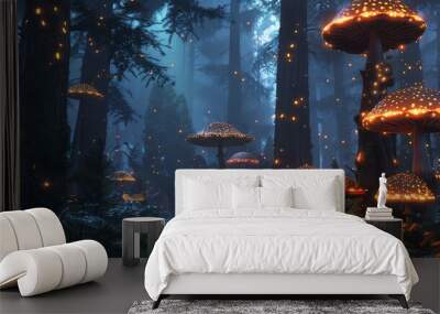 A magical forest at night with glowing orange mushrooms. Wall mural