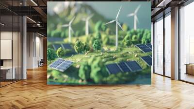 A miniature model of a landscape with wind turbines and solar panels. Wall mural