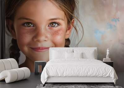 A painting of a young girl with brown hair, freckles and a sweet smile. Wall mural