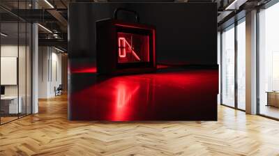 A retro styled red glowing alarm clock sits on a reflective surface in a dark room. Wall mural