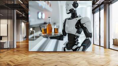 A robot waiter carries a tray with a bottle and two glasses of beer. Wall mural