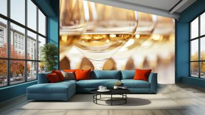 A row of wine glasses filled with white wine. Wall mural