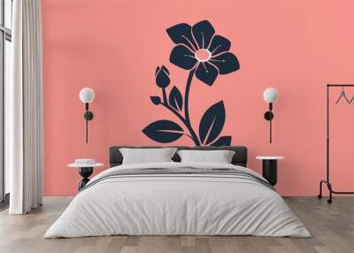 A simple, stylized illustration of a flower with a bud and leaves on a pink background. Wall mural