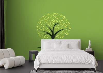 A simple, stylized illustration of a tree with leaves on a green background. Wall mural