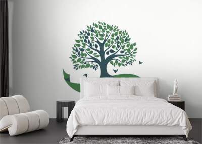 A stylized image of a tree with a curved green banner underneath. Wall mural