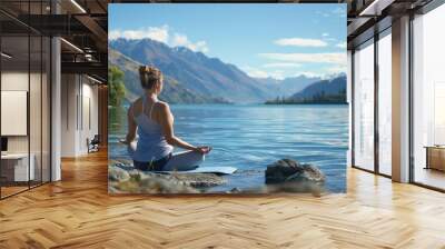 A woman sits on a yoga mat by a lake and meditates. Wall mural