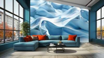 Abstract 3D render of a blue, shiny, wavy surface. Wall mural